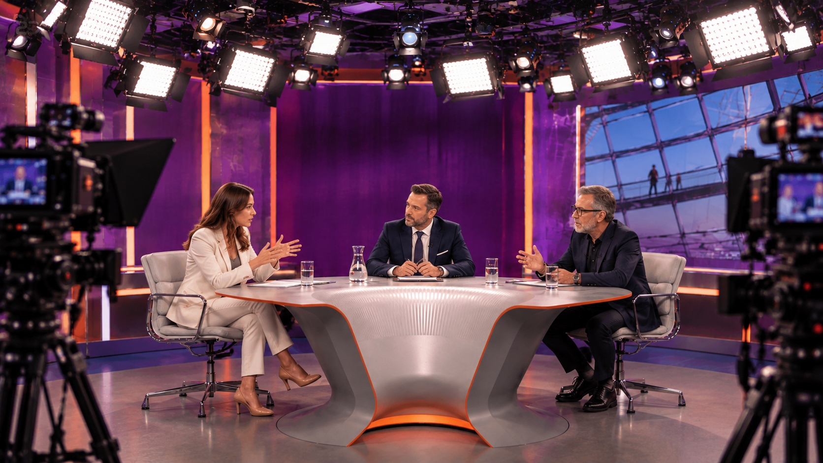 Fernsehstudio mit drei Gespr&auml;chsteilnehmern, Studiokameras und professionellen Leuchten